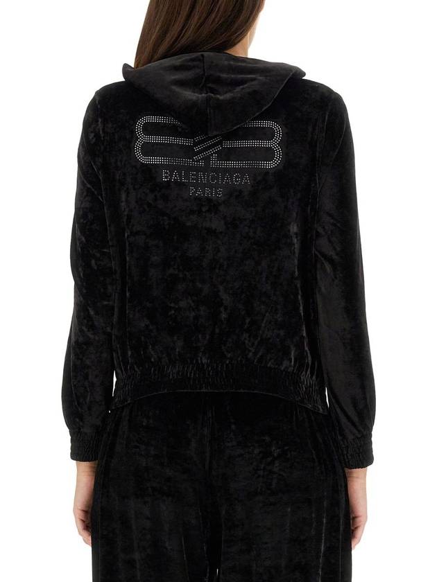 Balenciaga Women's BB Paris Strass Velvet  Zip-Up Hoodie Black