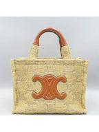 CELINE 199162 Brown Leather Raffia Triope Thais Small Cabas Tote Bag Shoulder Strap 2WAY
