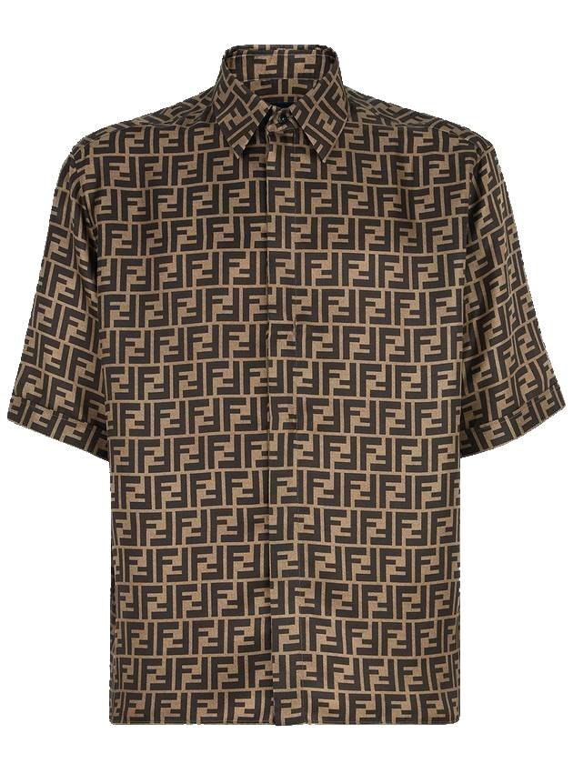 Fendi Men's FF Motif Silk Short Sleeve Shirt Brown