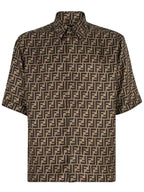 Fendi Men's FF Motif Silk Short Sleeve Shirt Brown