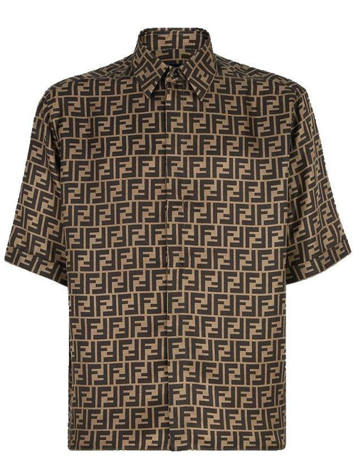 Fendi Men's FF Motif Silk Short Sleeve Shirt Brown
