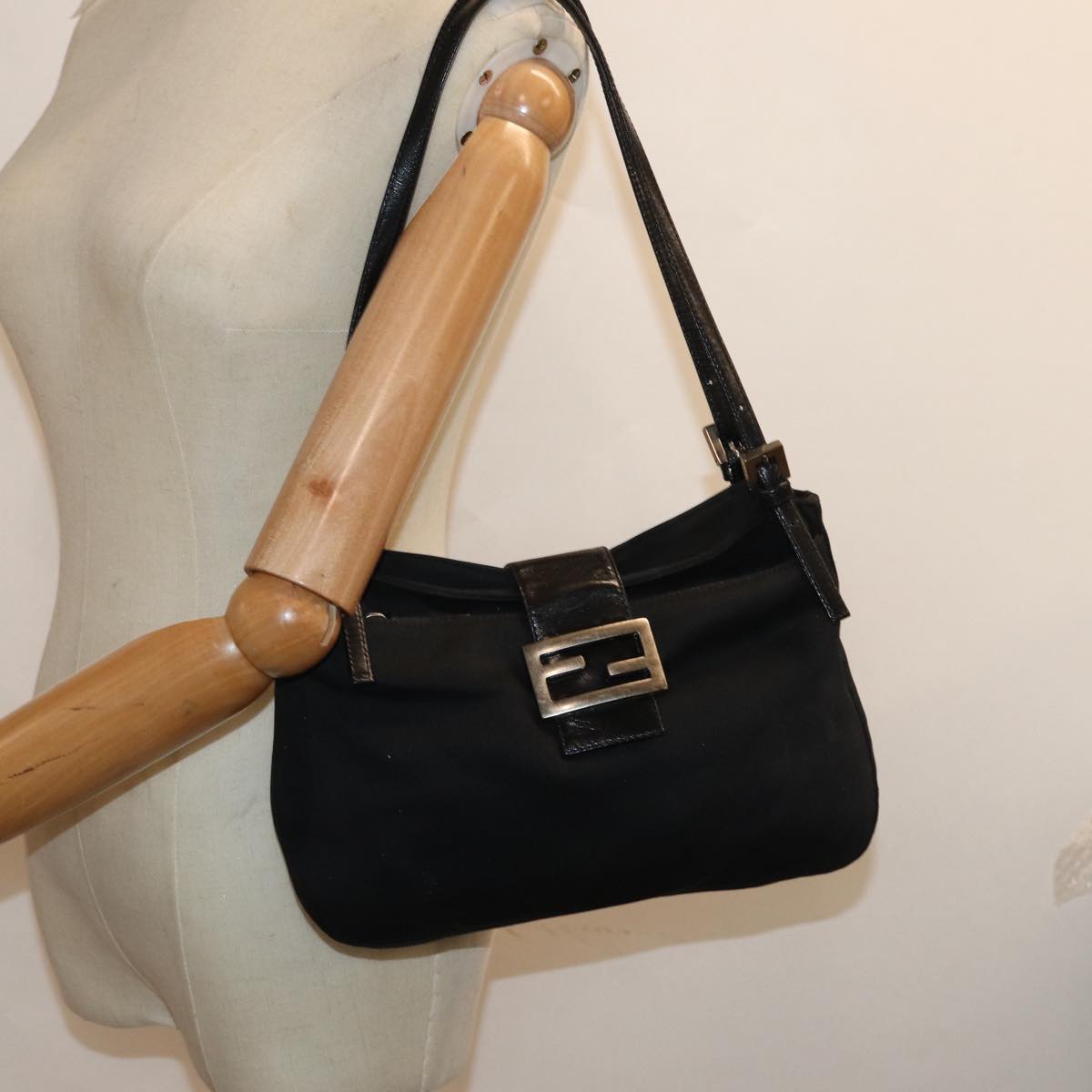 FENDI Mamma Baguette Shoulder Bag Nylon Black80619