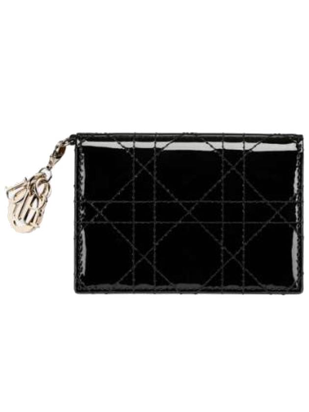Lady Cannage Patent Calfskin Flap Card Wallet Black Dior