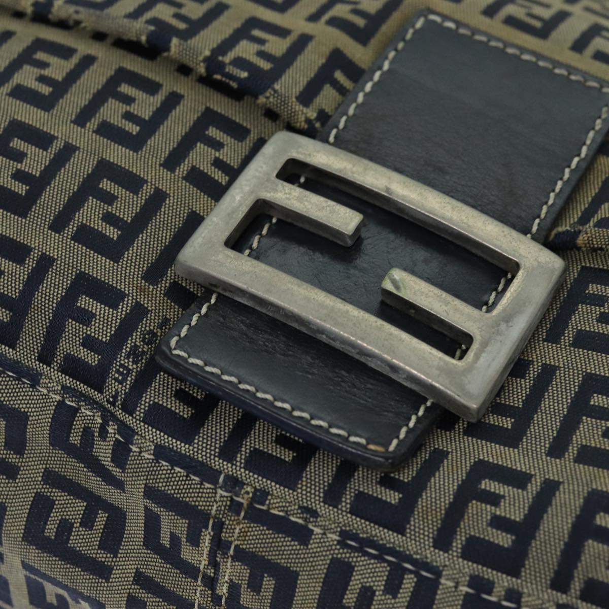 FENDI Zucchino Canvas Mamma Baguette Shoulder Bag Navy80863