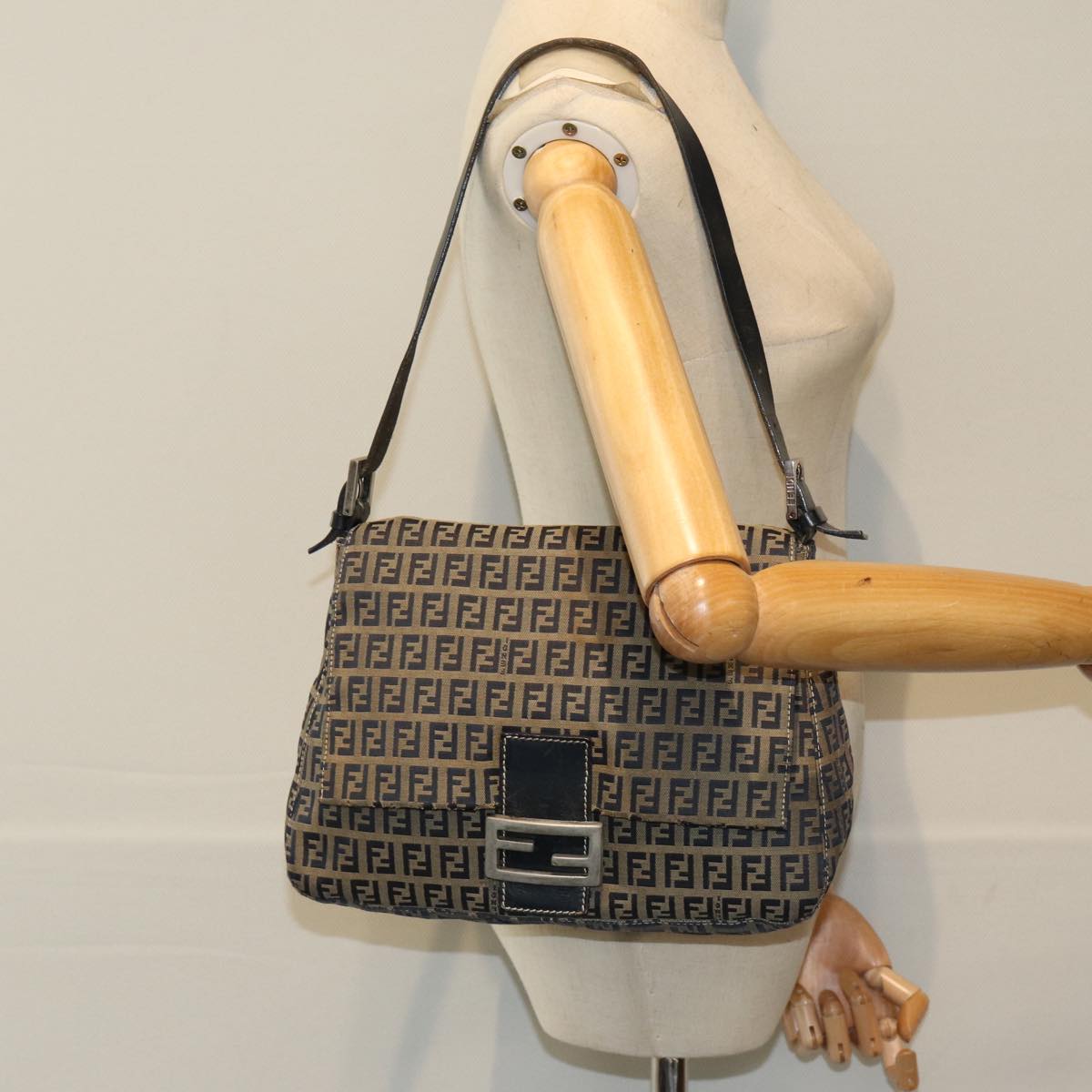 FENDI Zucchino Canvas Mamma Baguette Shoulder Bag Navy80863