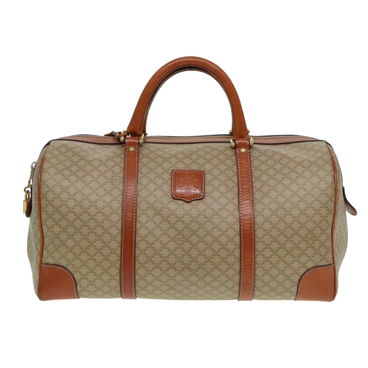 CELINE Macadam Canvas Boston Bag PVC Leather Beige Auth 80957