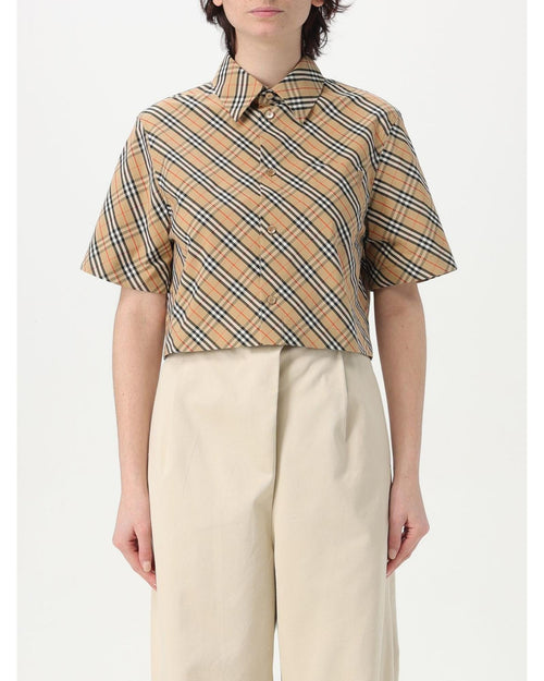 Burberry Cropped Plaid Shirt Short Sleeves Women Nude