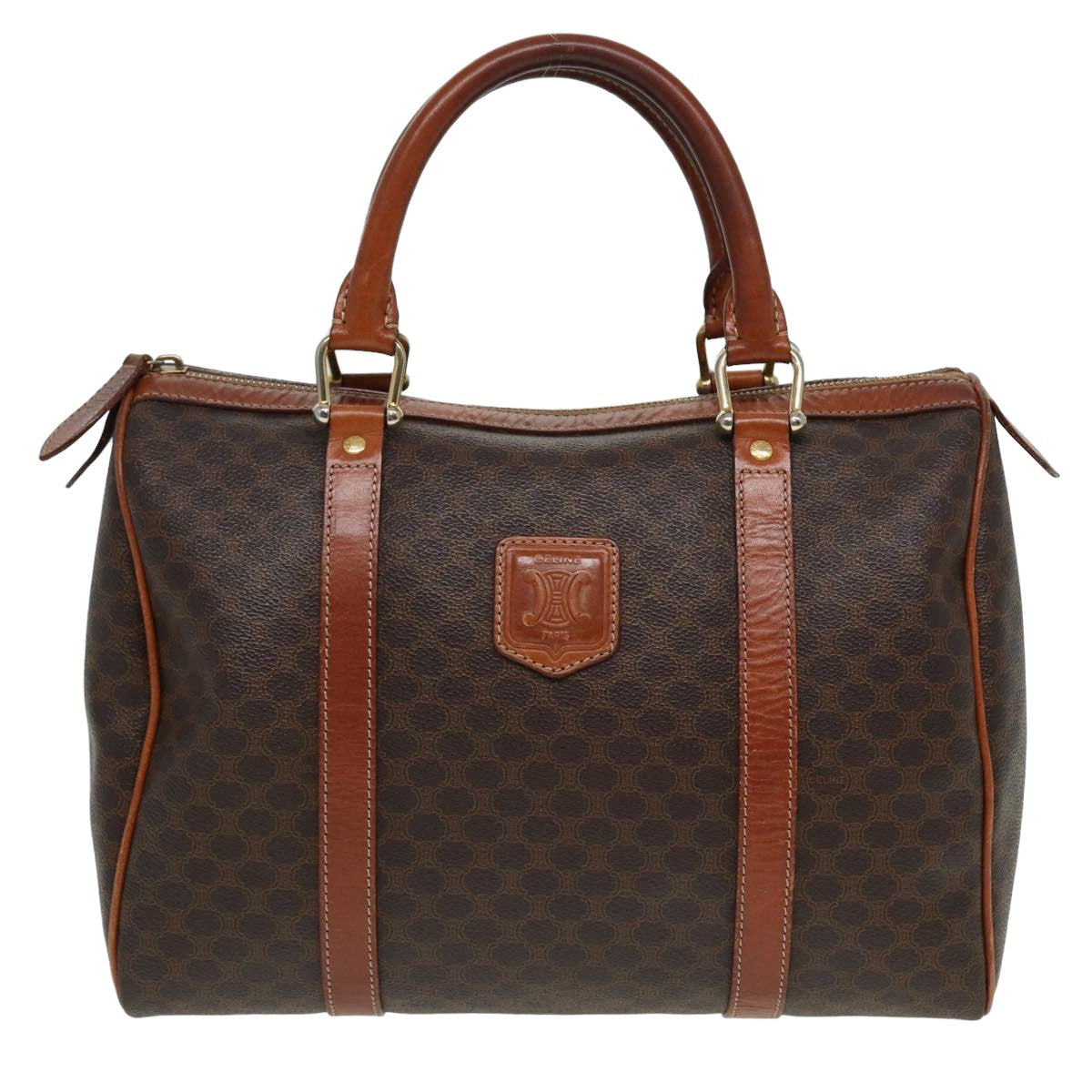 CELINE Macadam Canvas Boston Bag PVC Leather Brown Auth 81440