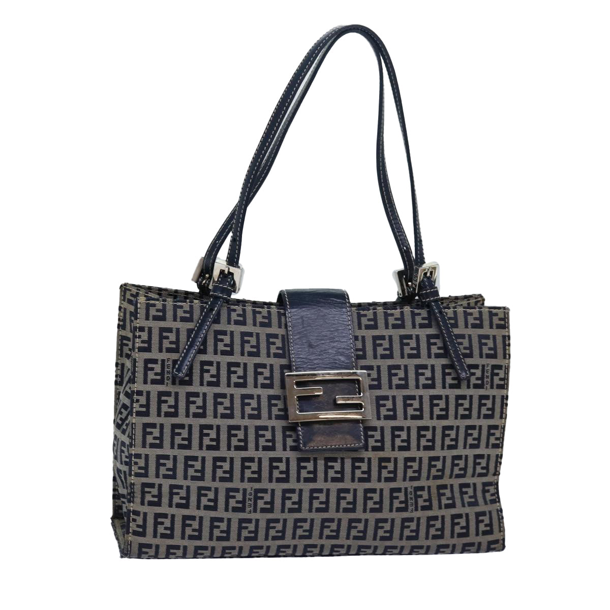 FENDI Zucchino Canvas Mamma Baguette Hand Bag Navy81442
