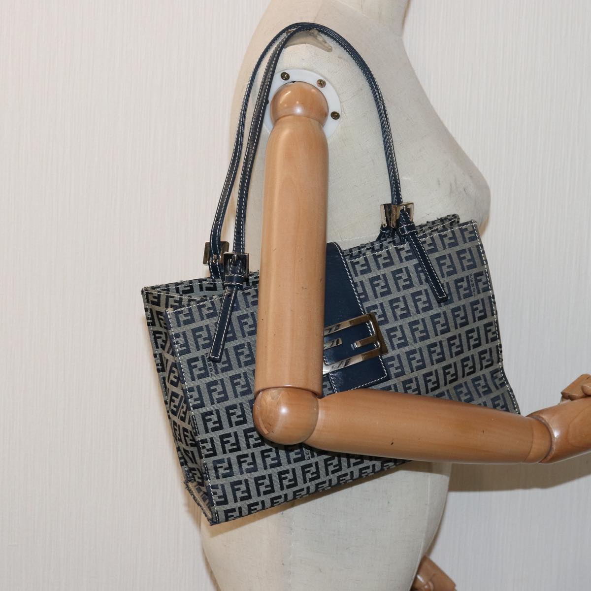 FENDI Zucchino Canvas Mamma Baguette Hand Bag Navy81442