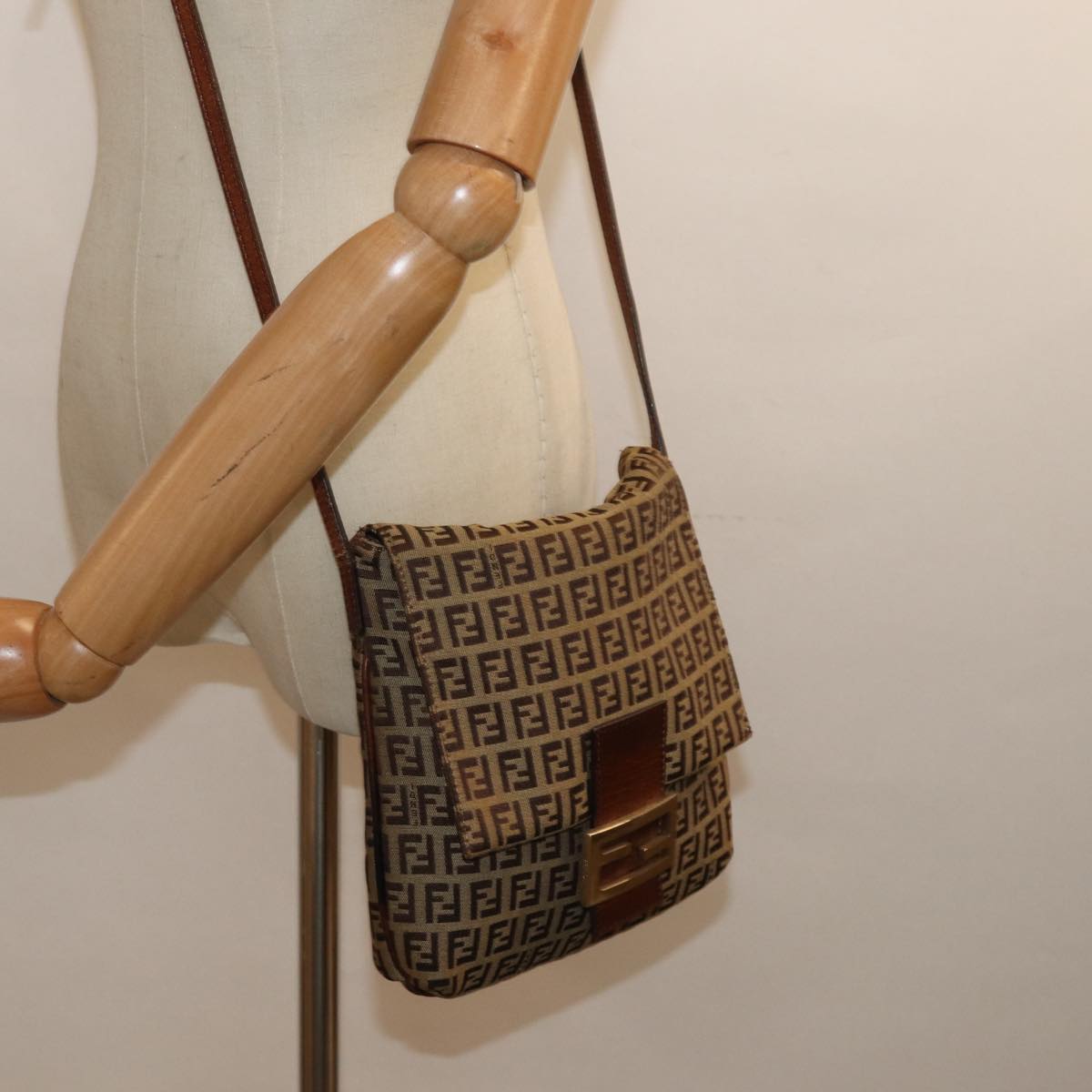 FENDI Zucchino Canvas Mamma Baguette Shoulder Bag Brown 8BT07581642