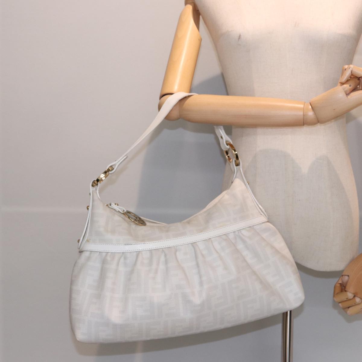 FENDI Zucca Canvas Shoulder Bag PVC Leather White 8BR44881645