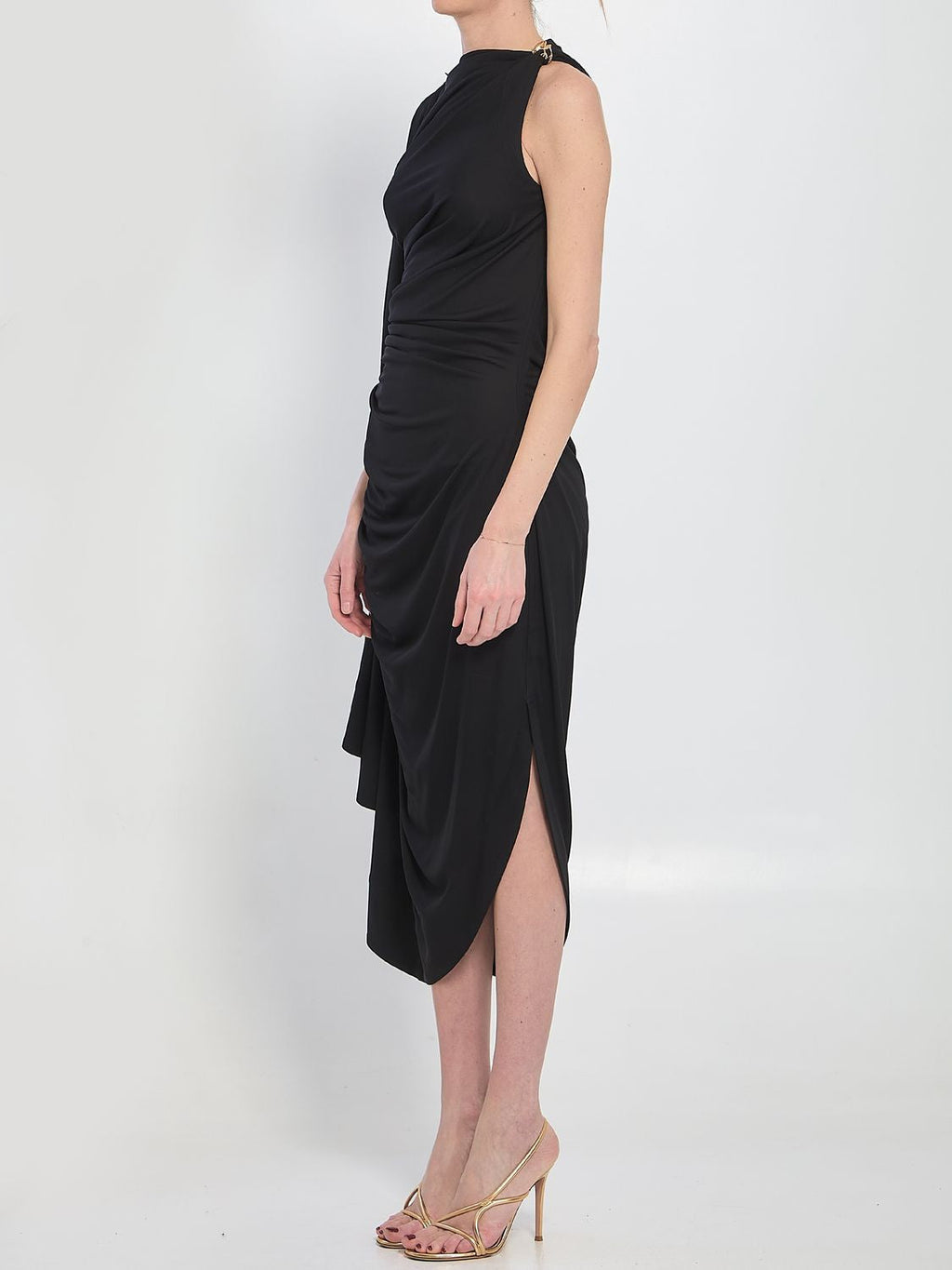 BOTTEGA VENETA Draped Midi Dress with Unique Shoulder Detail