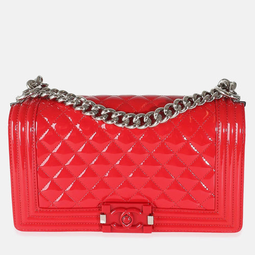 Chanel Red Quilted Patent Plexi Glass Old  Medium Boy Bag