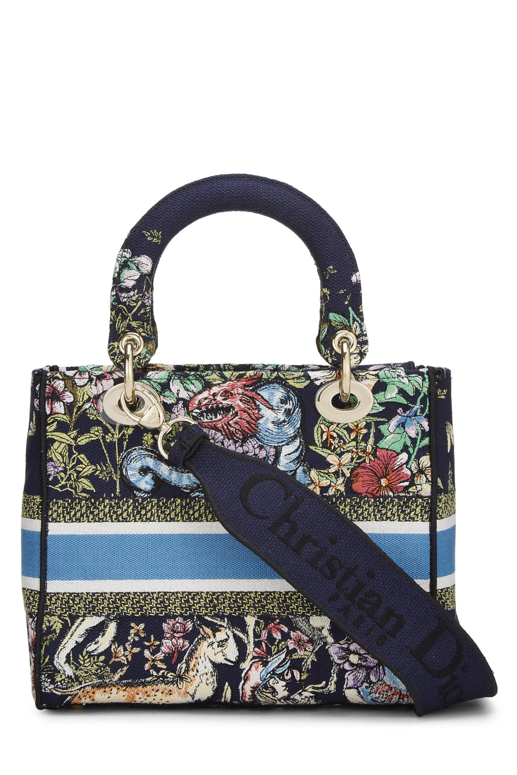Dior,  Navy Embroidered Canvas Lady D-Lite Medium, Multi