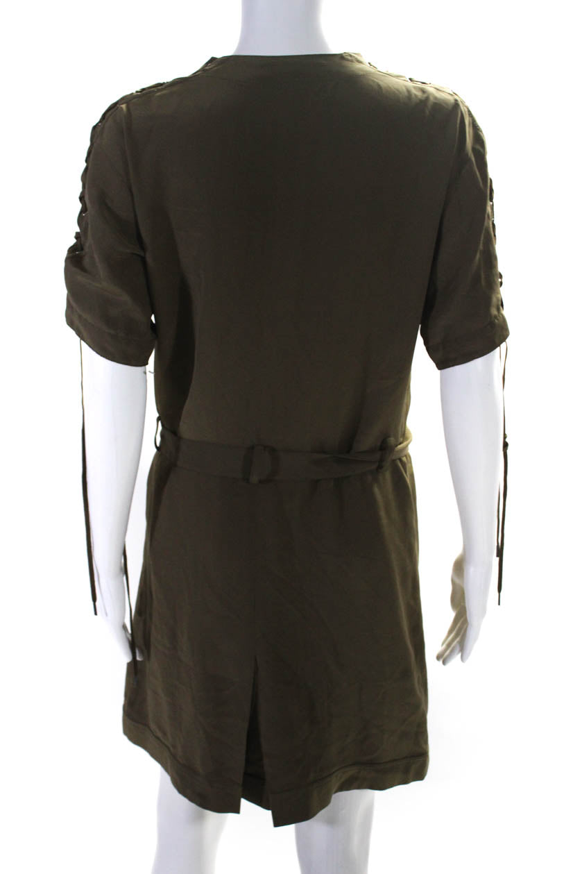 Chloe Womens Silk V Neck Short Sleeves Button Down Dress Khaki Green