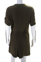 Chloe Womens Silk V Neck Short Sleeves Button Down Dress Khaki Green