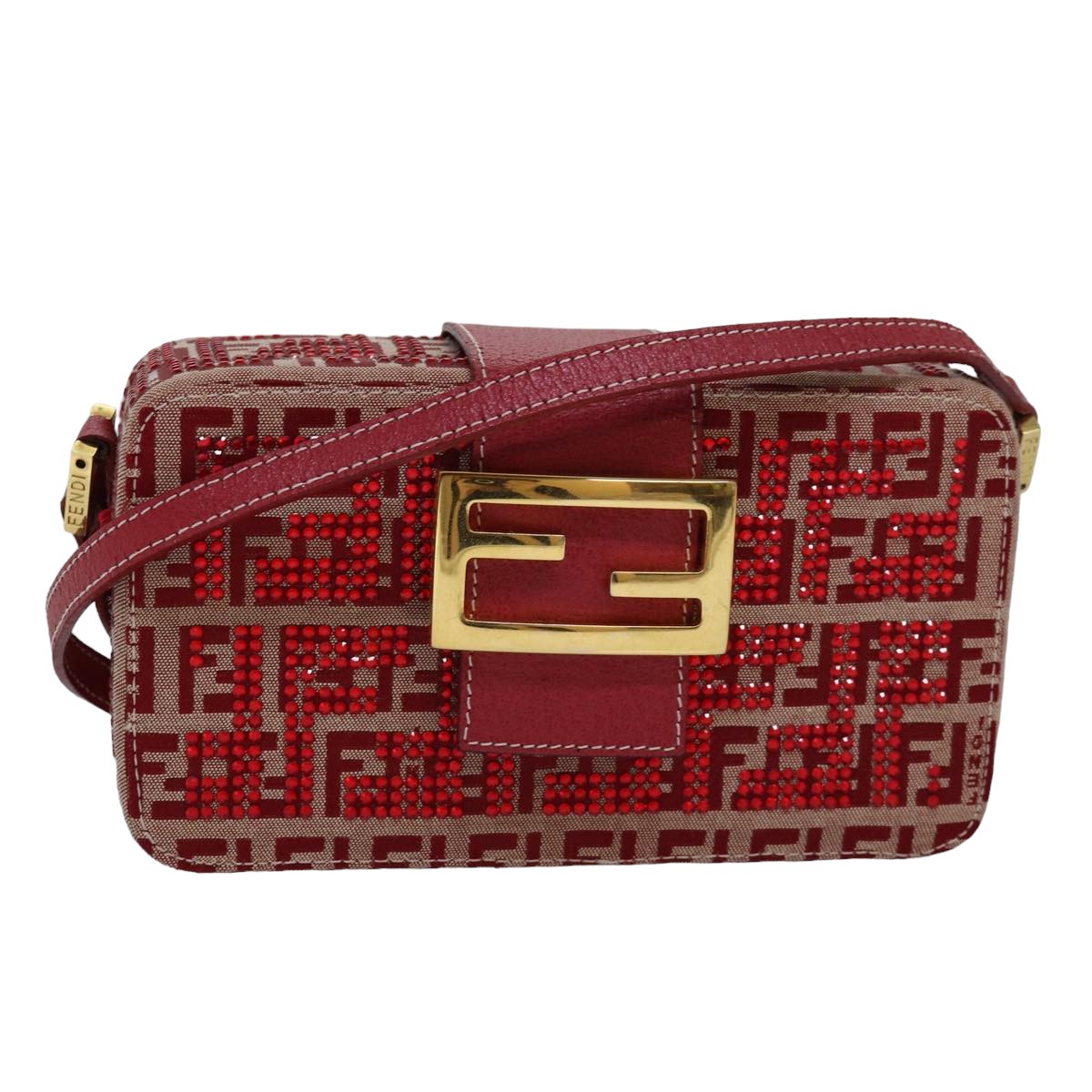 FENDI Mamma Baguette Shoulder Bag Beads Zucchino Canvas Red82244