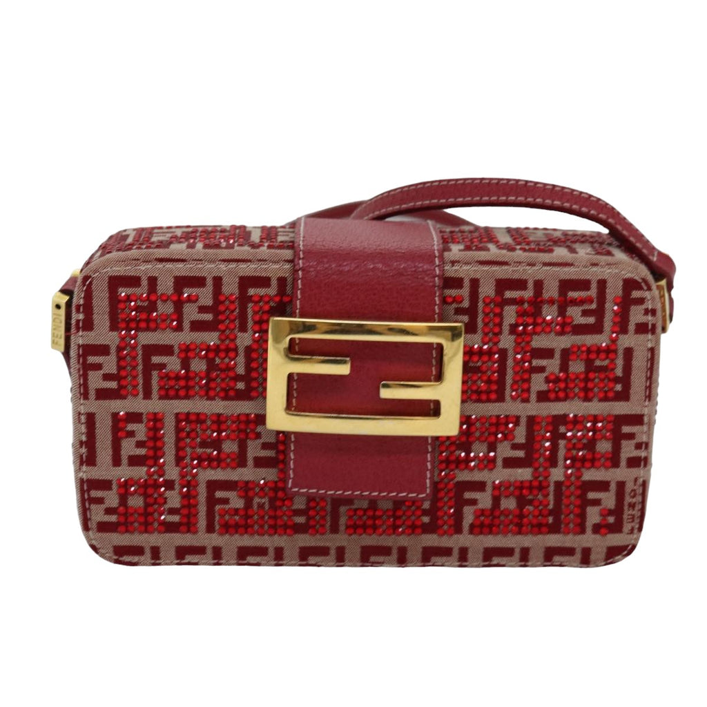 FENDI Mamma Baguette Shoulder Bag Beads Zucchino Canvas Red82244