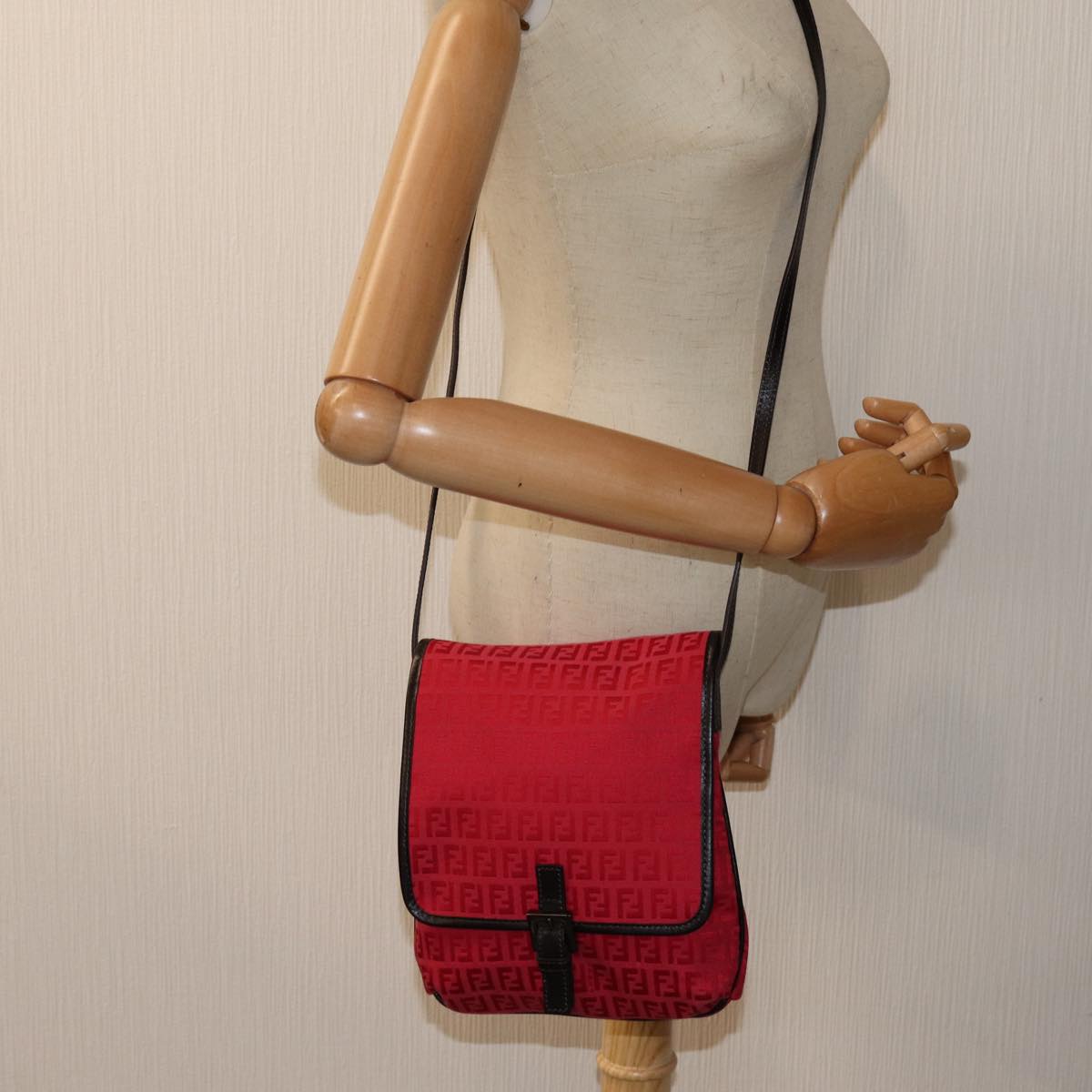 FENDI Zucchino Canvas Shoulder Bag Red 8BT05282253