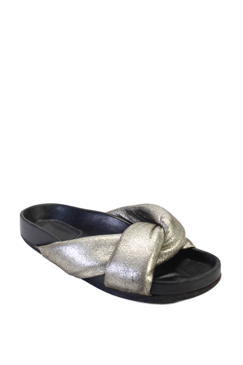 Chloe Womens Leather Metallic Puffy Cross Strap Slides Sandals Silver