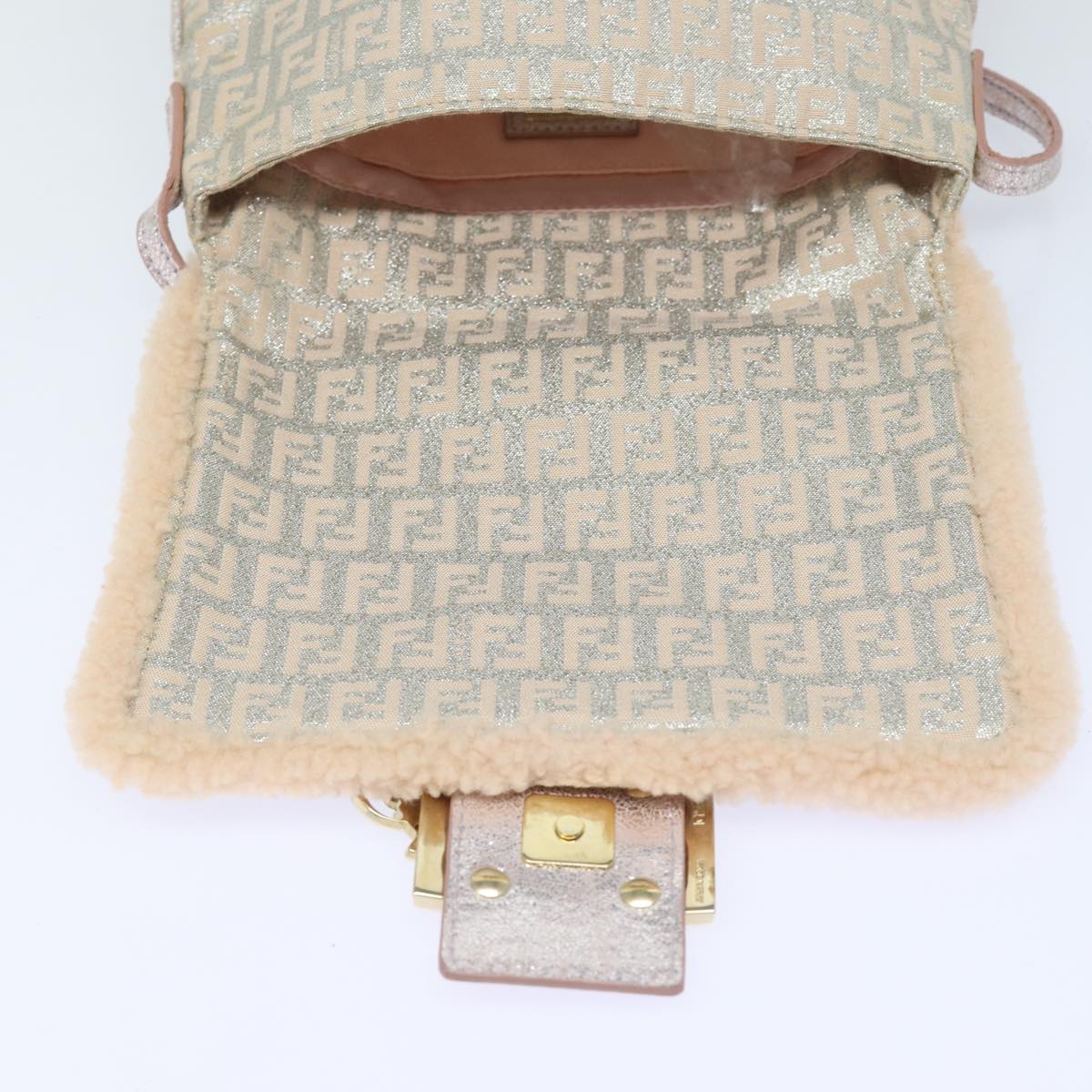 FENDI Zucchino Canvas Shoulder Bag Beige Pink Silver82744