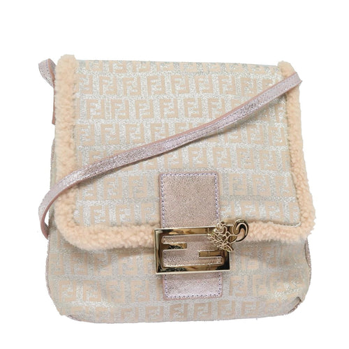 FENDI Zucchino Canvas Shoulder Bag Beige Pink Silver82744