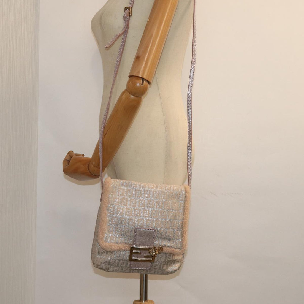FENDI Zucchino Canvas Shoulder Bag Beige Pink Silver82744