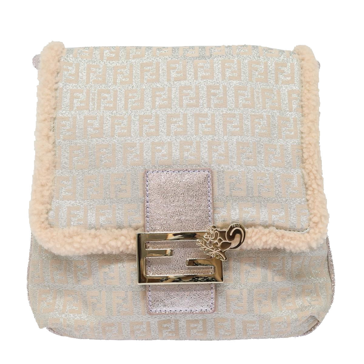 FENDI Zucchino Canvas Shoulder Bag Beige Pink Silver82744