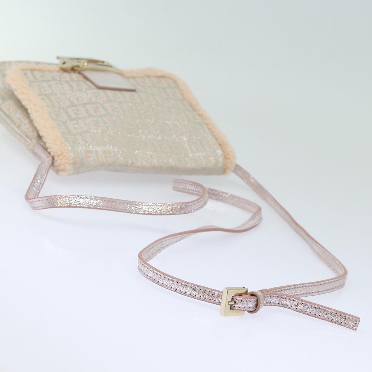 FENDI Zucchino Canvas Shoulder Bag Beige Pink Silver82744