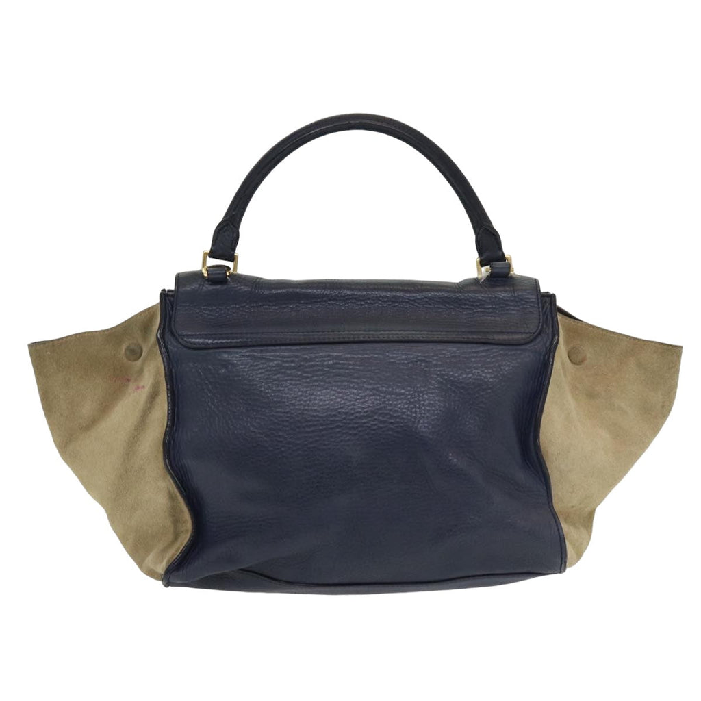 CELINE Trapeze Hand Bag Leather Suede Navy Beige Auth 82897
