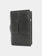 Bottega Veneta Intrecciato Cassette Leather Flap Card Wallet Black