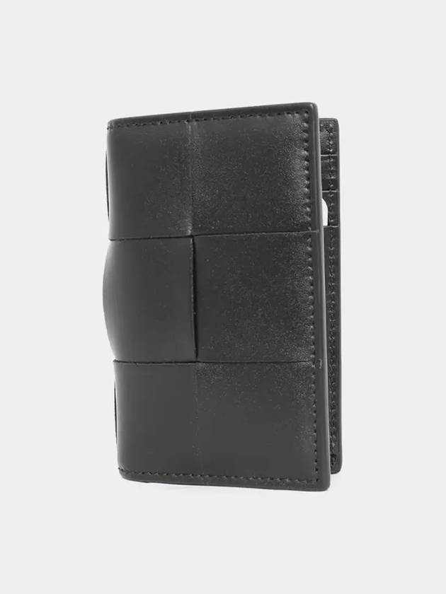 Bottega Veneta Intrecciato Cassette Leather Flap Card Wallet Black
