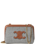 CELINE Cuir Triomphe Striped Textile Calfskin Chain Cluth Bag Navy Blue