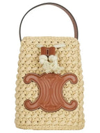 CELINE Teen Drawstring Raffia Calfskin Bucket Bag Natural Tan