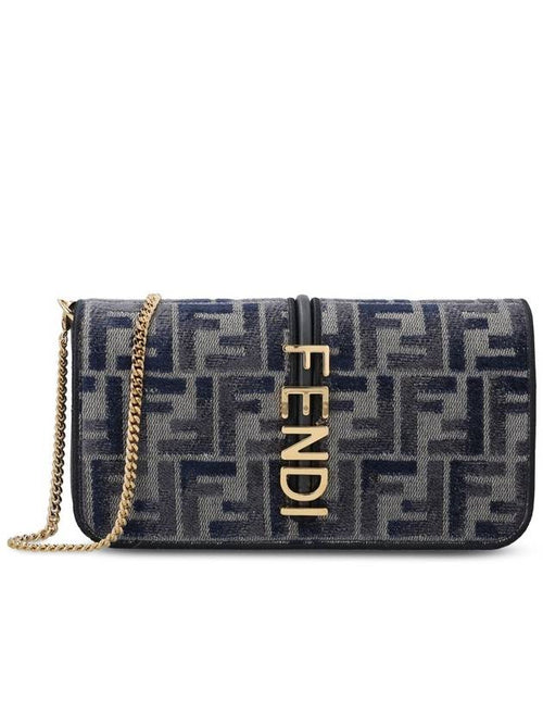 Fendi Graphy Chain Leather Long Wallet Dark Blue
