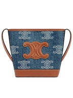 CELINE WoMen's Triomphe All Over Embroidered Calfskin Denim Mini Bucket Bag Tan Navy
