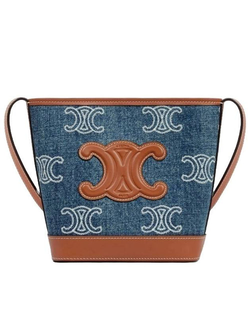 CELINE WoMen's Triomphe All Over Embroidered Calfskin Denim Mini Bucket Bag Tan Navy