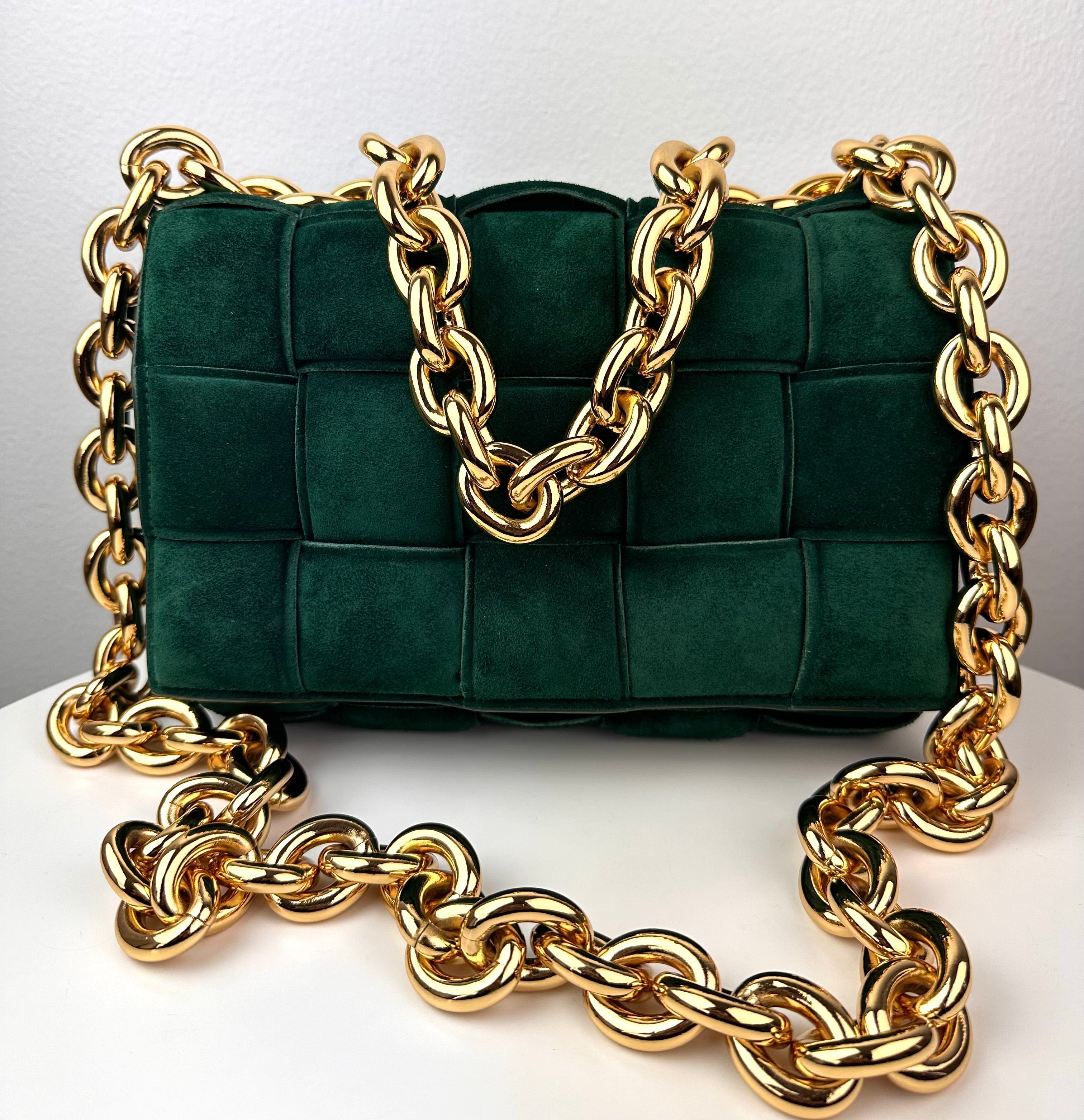 Bottega Veneta Chain Cassette Padded Suede Shoulder Bag Green