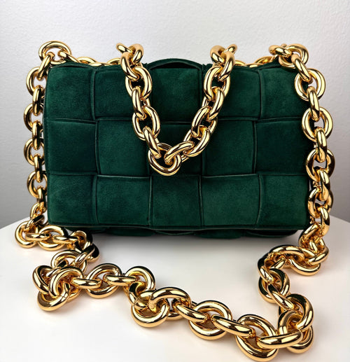 Bottega Veneta Chain Cassette Padded Suede Shoulder Bag Green