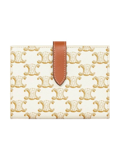 CELINE Triomphe Strap Canvas Half Wallet White Tan