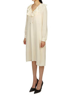 CELINE Jabot Lightweight Silk Sable Midi Dress Cream