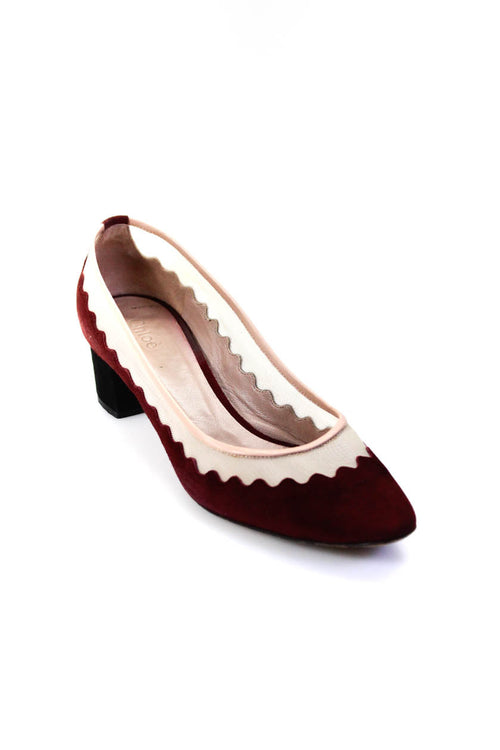 Chloe Womens Suede Scallop Trim Pumps Wine Red Beige