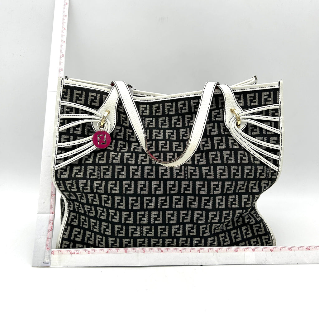 Fendi Black Zucchino Canvas Tote Bag White Leather Cloth Pony-style calfskin fe5622cc