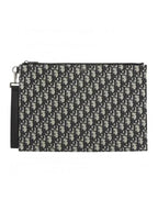 Oblique Jacquard A4 Pouch Clutch Bag Beige Black Dior