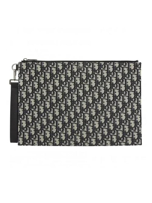 Oblique Jacquard A4 Pouch Clutch Bag Beige Black Dior