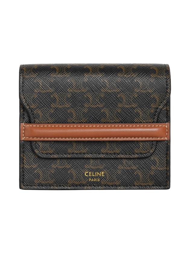 CELINE Triomphe Canvas Strap Business Card Half Wallet Tan