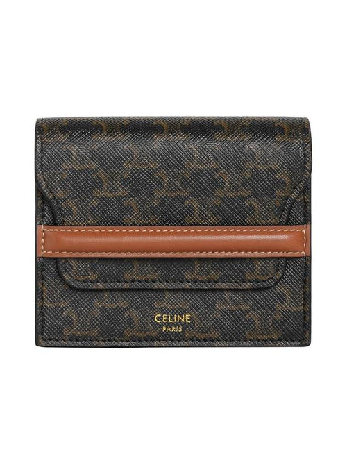 CELINE Triomphe Canvas Strap Business Card Half Wallet Tan