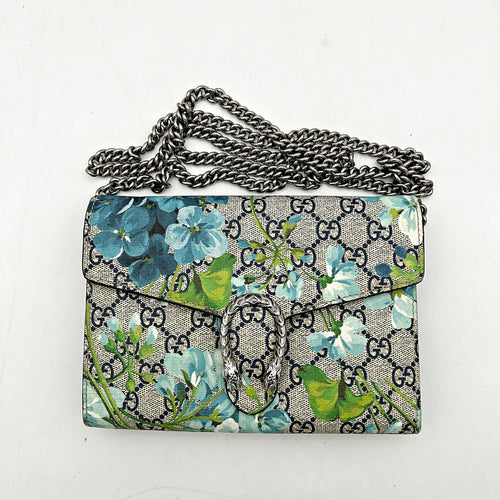 GUCCI GG Supreme Monogram Blooms Mini Dionysus Chain Wallet Beige Blue Navy Vintage Blue LA24693