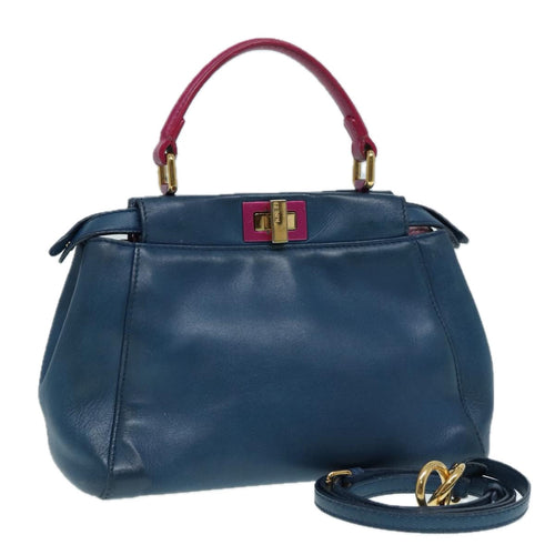 FENDI Mini Peek A Boo Hand Bag Leather 2way Blue Gold86182